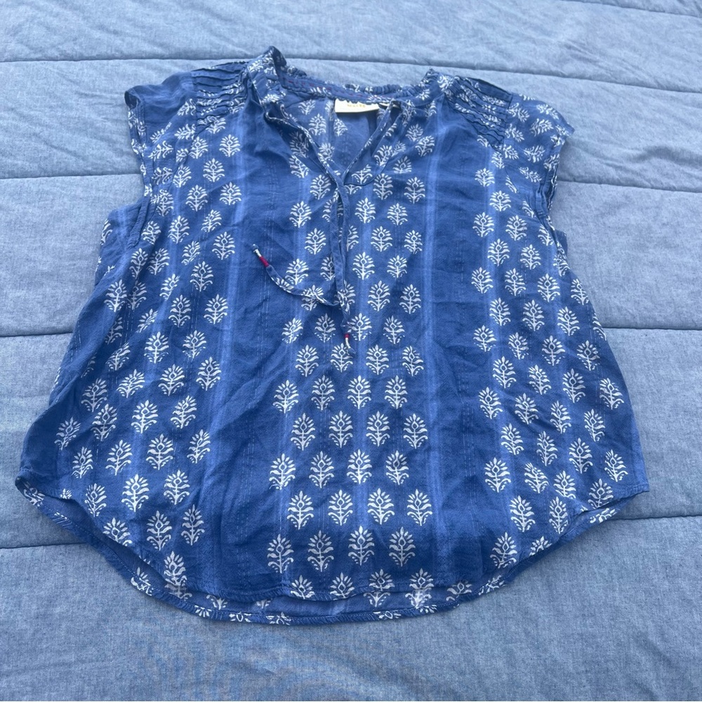 Anthropologie Maeve Dali Top Blue Printed Embellished Popover Boho Medium Petite